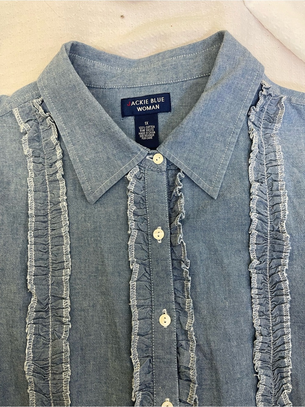 Light Blue Ruffle-Front Button-Down Shirt - - Picture 4 of 6